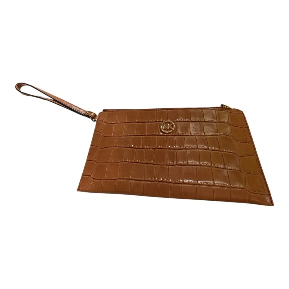Michael Kors Wristlet Envelope style Clutch Embossed Leather Walnut color.